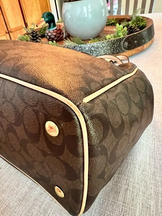 🤎Coach Signature Brown Canvas Tote Tan Leather Trim Shoulder Bag Zip Top - Picture 8 of 16